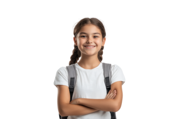 Happy schoolgirl with backpack, smiling at camera isolated on white or transparent, PNG