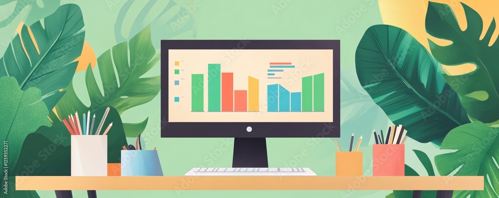 Poster business chart displayed on a computer in an office with plants showing growth