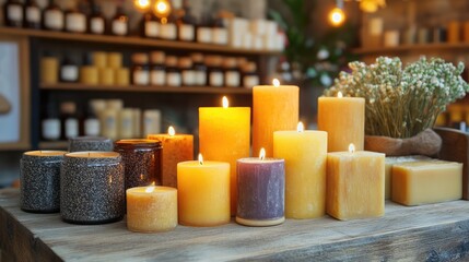 A wooden shop counter displaying hand-poured candles, artisan soaps, and natural ingredients. Copy space.