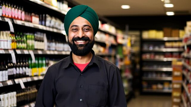 Smiling Punjabi Liquor store worker or owner posing looking at the camera	