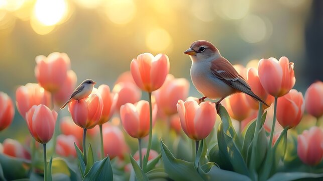 A delicately crafted bouquet of tulips in full bloom with a small bird resting nearby creating a peaceful nature inspired scene