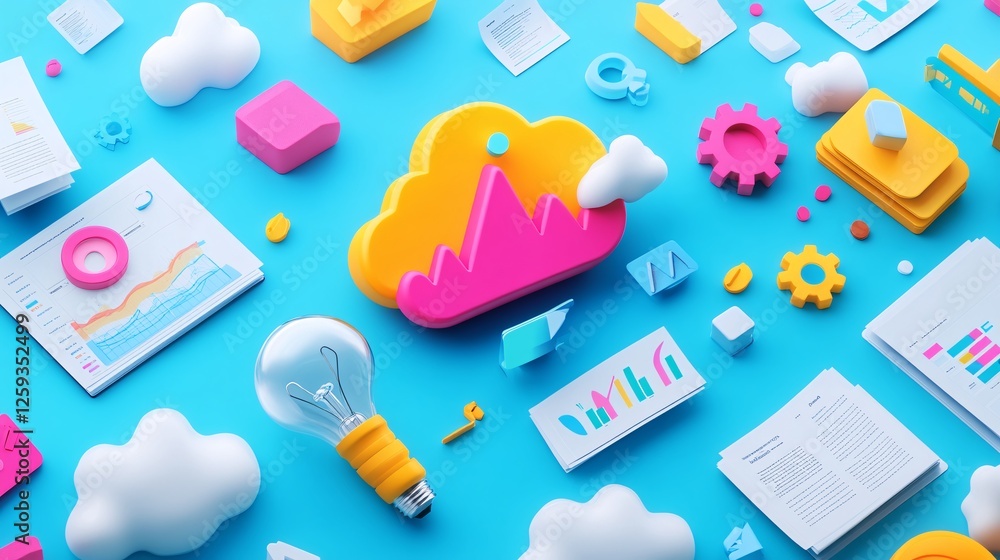 Aufkleber Cloud computing concept with charts and lightbulb surrounded by business icons
