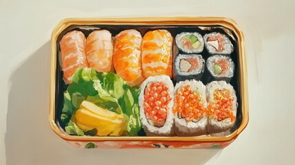 A gourmet bento box, sushi, fresh salad, artistic arrangement, detailed digital painting, soft light, isolated on white background.