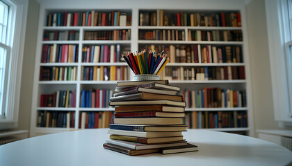 A stack of books sits on a table in front of a large, well-stocked bookcase, featuring colorful pencils.  Perfect for education, reading, or knowledge themes.