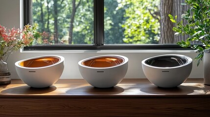 Modern design bowls in a sunlit room with greenery visible through the window