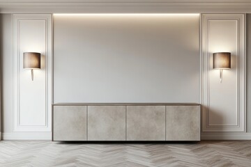 Fototapeta premium Modern living room, herringbone floor, wall, sideboard, lamps