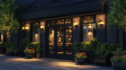 Fototapeta premium Nighttime restaurant exterior, city street, illuminated storefront, plants