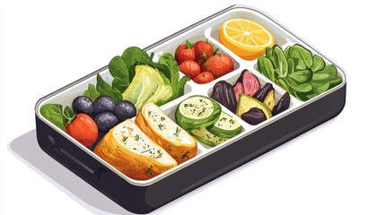 A gourmet chefâ€™s lunchbox, high-end presentation, organic ingredients, luxury aesthetic, elegant illustration, isolated on white background.