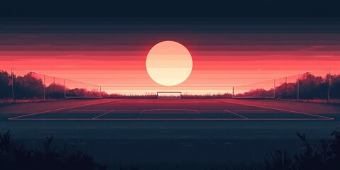 Soccer field view with net sunset and vivid colors