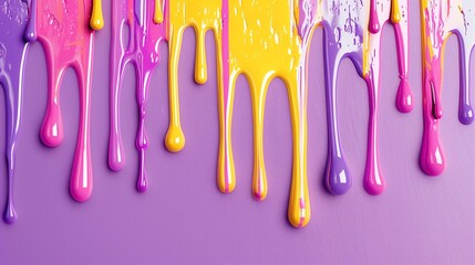 Abstract Colorful Paint Drips on Purple Background Vibrant Hues Liquid Art Splashes