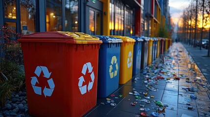 Colorful recycling bins line a city street at sunset, amidst scattered litter and urban scenery
