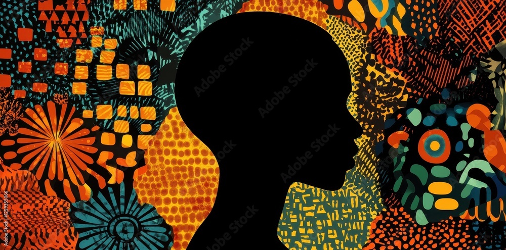 Poster silhouette profile of a person with colorful patterned background