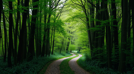 Obraz premium Walkway in a green spring beech forest in Leuven, Belgium. Beautiful natural tunnel. Atmospheric landscape. Eco tourism, travel destinations, environmental conservation, pure nature 