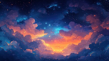 Abstract space design featuring bright cosmic clouds, glowing stars, and deep blue voids