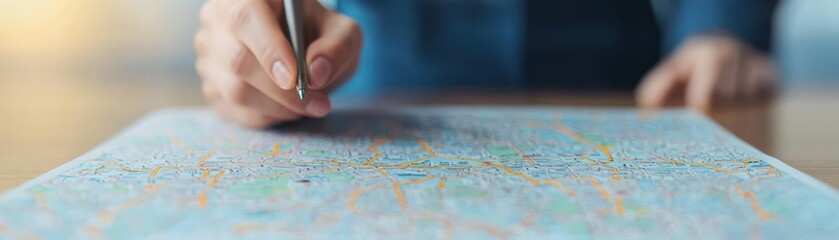A hand marking a travel map with a pen for adventure planning.