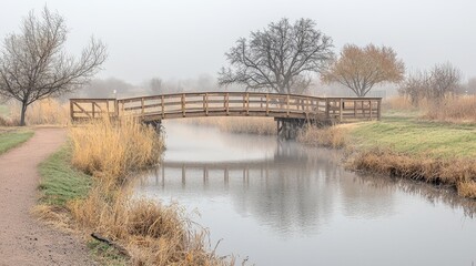 Wooden bridge over a calm river in a foggy park with autumn trees and grass