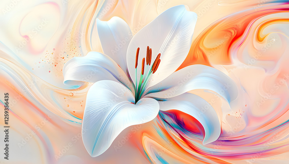 Poster abstract artistic rendering of a white lily in a swirling colorful background