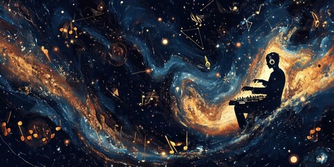 Fototapeta premium Musician plays keyboard in the vastness of space