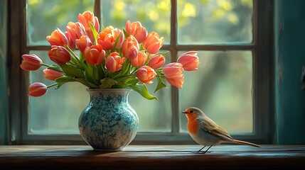 A fresh and vibrant tulip bouquet in a porcelain vase with a peaceful bird resting on the table beside it