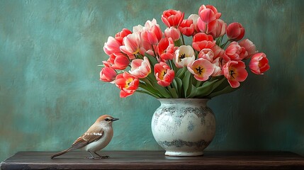 A fresh and vibrant tulip bouquet in a porcelain vase with a peaceful bird resting on the table beside it