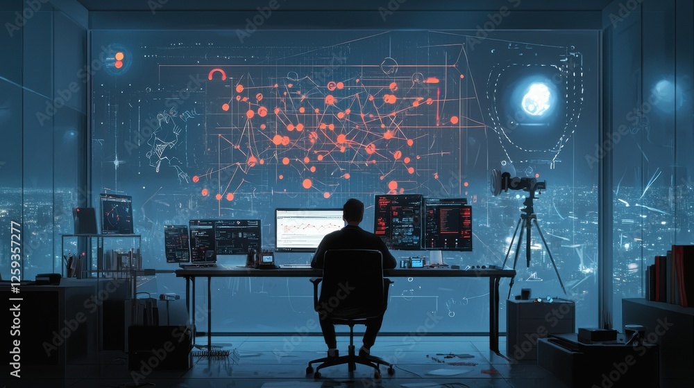 Poster a person analyzing data on multiple screens at night.