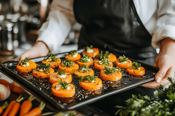Chef carrying a tray of delicious roasted carrot slices, garnished with herbs and a creamy sauce.  Perfect for culinary, food blog, or restaurant websites.