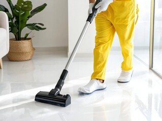 A person in yellow cleaning a modern floor with a vacuum cleaner.