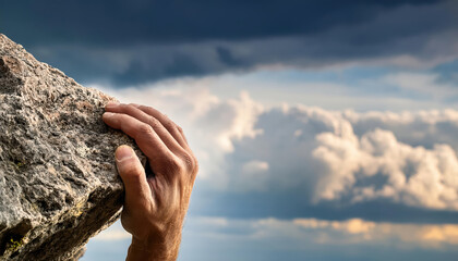 lone climber hand gripping jagged rock edge symbolizes perseverance against dramatic sky