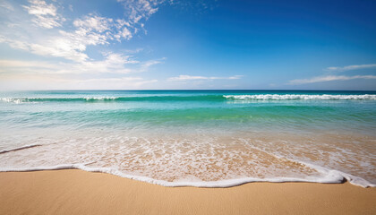 Fototapeta premium serene beach with calm waves gently lapping shore, evoking peace and relaxation