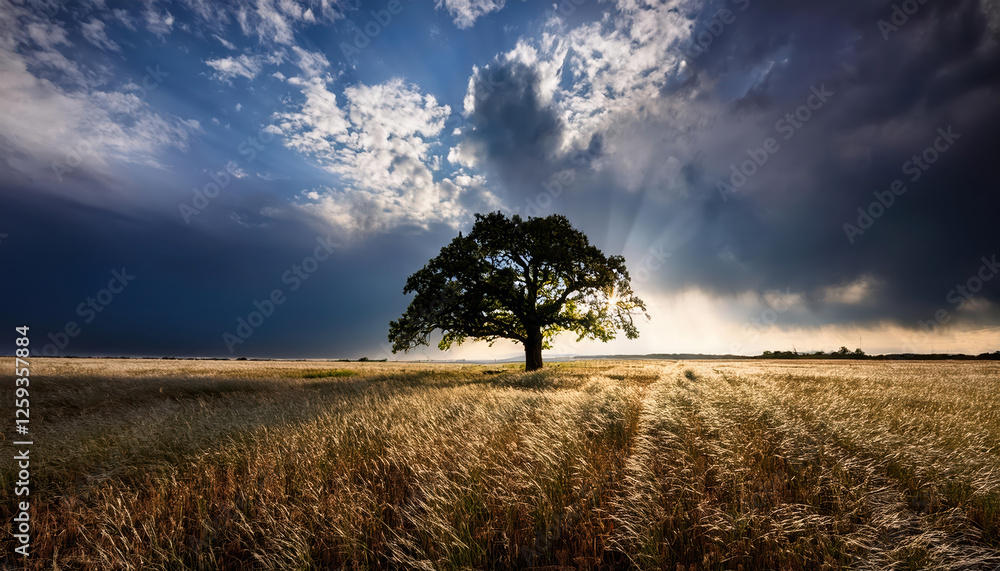 Poster strong oak tree stands tall in open field with sunlight breaking through dark storm clouds, creating