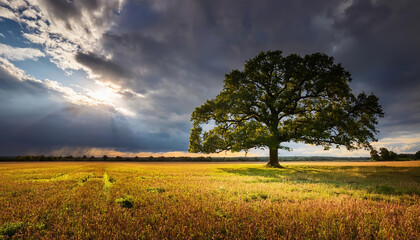 strong oak tree stands tall in open field, sunlight breaking through dark storm clouds, creating dramatic scene