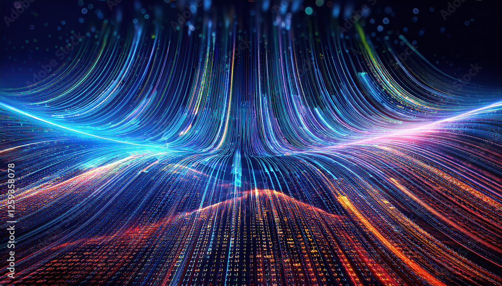 Poster dynamic abstract visualization with flowing streams of colorful light, representing data and technol