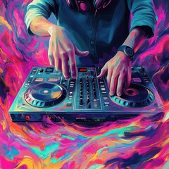 Naklejka premium Dj mixing music on a professional audio mixing console