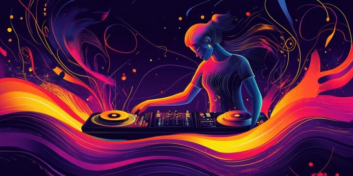 Neon dj mixing music at turntables with abstract energy - Powered by Adobe