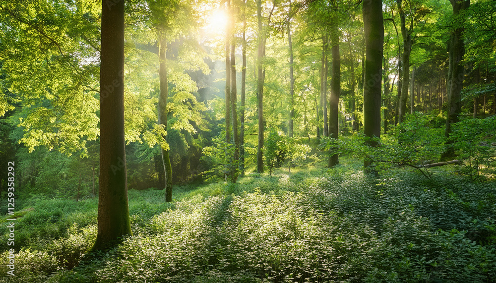Poster lush green trees in serene forest with sunlight filtering through leaves, creating tranquil atmosphe