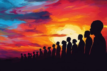 Fototapeta premium Silhouetted figures stand against a vibrant and colorful sunset