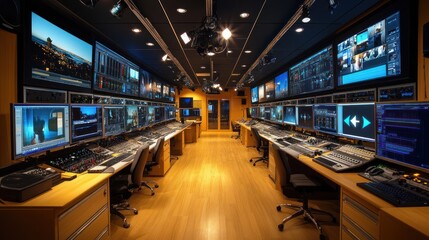 Obraz premium Broadcast control room, monitors, editing, studio, lights, technology, workflow, production