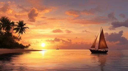 Fototapeta premium A tranquil sunset over the ocean with a sailing boat on the horizon.