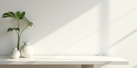 Serene Minimalist Home Decor Still Life Featuring Simple White Vases and Greenery on a Bright White Shelf Against a Clean White Wall with Subtle Light and Shadow Play
