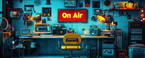 A vibrant radio studio with vintage equipment and colorful decor.