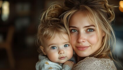 A mother hugs her little baby at home, their close embrace a symbol love and security.