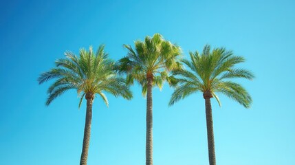 Three palm trees against a clear blue sky.  Summer vacation travel poster