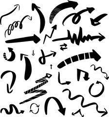 Various hand drawn arrow vector set on a white background. Sketch arrow design in different shapes, styles. For business plan and education. 