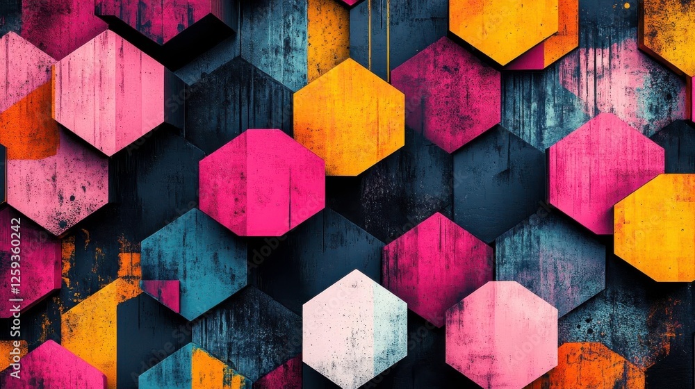 Poster a vibrant pattern of hexagonal shapes in various colors, creating a dynamic and modern visual effect