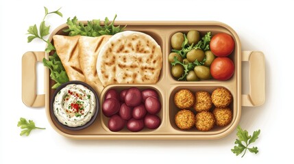 A Mediterranean lunch box, falafel, olives, tzatziki, pita bread, warm color palette, realistic, isolated on white background.