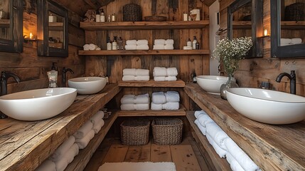 Peaceful bathroom retreat with wooden shelves rustic decor and mocha mousse walls exuding warmth