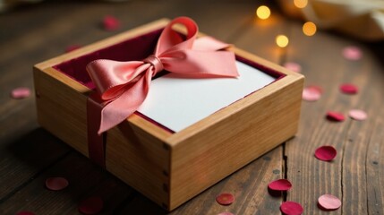 A wooden gift box with a pink ribbon and a blank card inside rests on a rustic wooden surface scattered with small confetti hearts, illuminated by soft warm background lights.