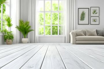 Bright, airy living room with whitewashed wooden floor, blurred background showcasing a comfortable sofa and large window with green garden view. Ideal for product placement or home decor.