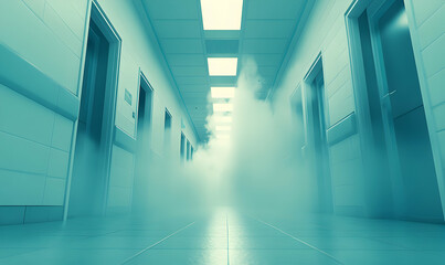 Obraz premium Mysterious fog-filled hospital corridor, long perspective, doors, teal tones, unsettling atmosphere, suspense, mystery, medical, healthcare, eerie.