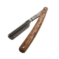 Vintage Straight Razor with Wooden Handle and Intricate Metal Detailing with transparent background